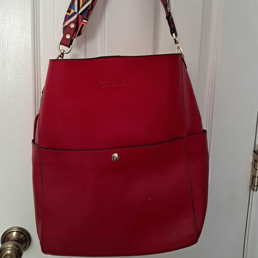 Bostonian Red Tote Bag with Patterned Strap